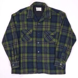 Vintage Towncraft Plus Mens Wool Plaid Flannel Shirt Green Navy Blue Large L
